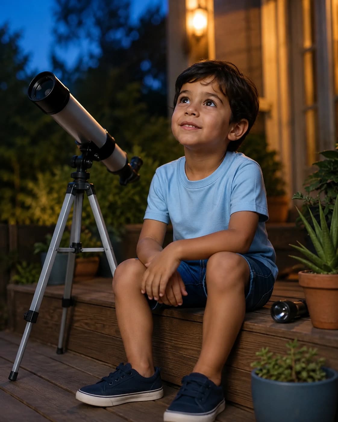 Gustavo, criança fictícia, observando as primeiras estrelas ao lado de um telescópio