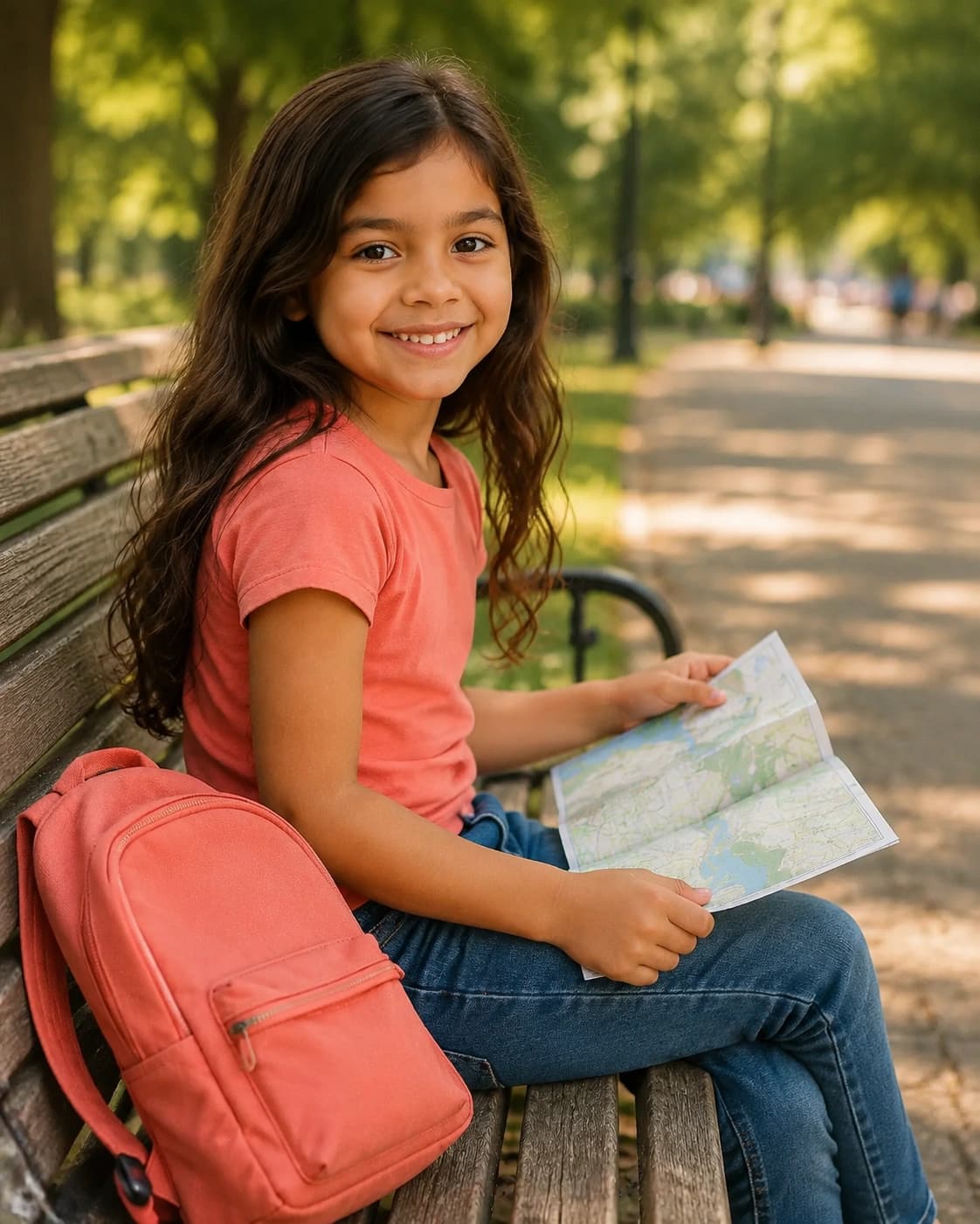 Lila, criança fictícia, explorando um mapa num parque arborizado