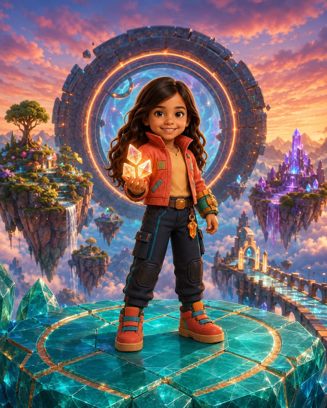 Lila como heroína diante do portal das Ilhas Impossíveis, segurando a chave luminosa